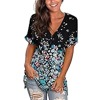 Summer Outfits for Women,Women Retro Floral Print V Neck Short Sleeve Shirt Oversized Tunic Tops Loose Basic Tees