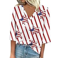 Women's American Flag Shirt Blouse Casual Loose 3/4 Sleeve Print V Neck Tops 4Th of July T-Shirts Tee, S-3XL