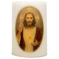 Sacred Heart of Jesus LED Light-up White 4 x 4 Wax Mold Wickless Pillar Candle Decoration