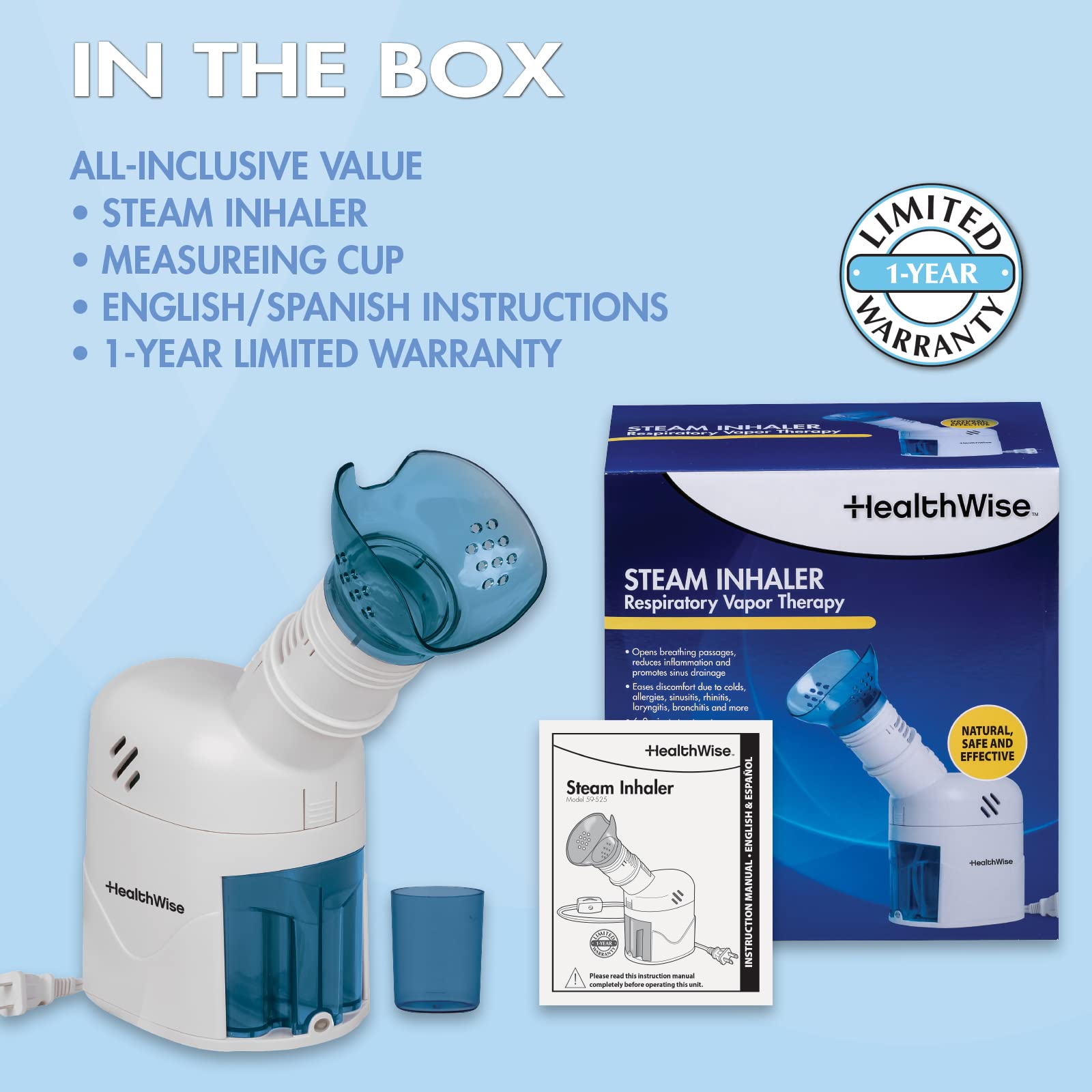HealthWise Steam Inhaler Respiratory Vapor Therapy | Sinus Pressure, Congestion, Colds & Cough Relief | Mask for Cleansing