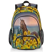 Pardick Horse Sunflower School Backpacks for Girls Boys Teens Students - Horse Floral Stylish College Schoolbag Book Bag - Water Resistant Travel Backpacks for Women Men