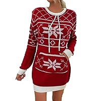 Christmas Dress Women Turtleneck Loose Print Christmas Long Sweater Dress with Pockets
