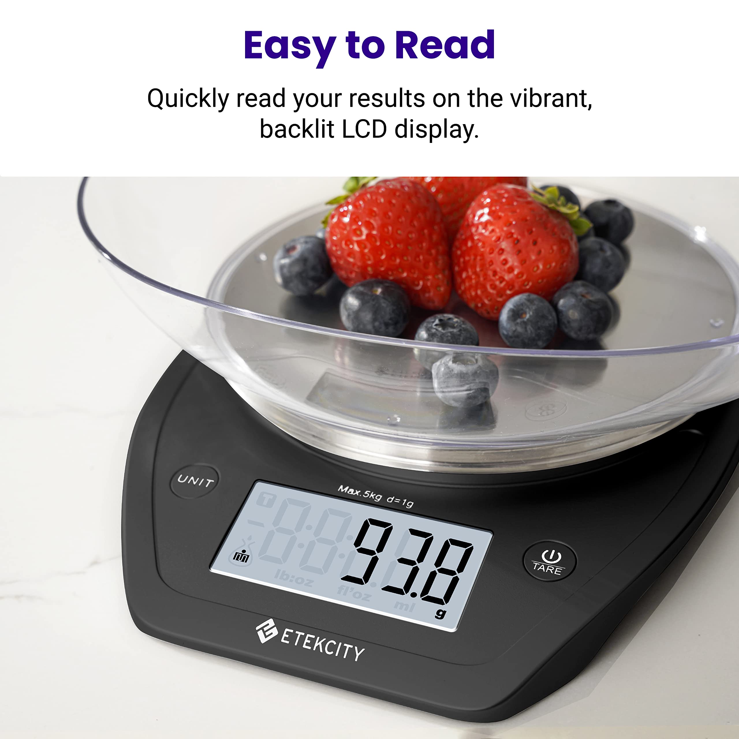 Etekcity 0.1g Food Scale, Bowl, Digital Grams and Ounces for Weight Loss, Dieting, Baking, Cooking, and Meal Prep, 11lb/5kg, Stainless Steel Black