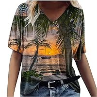 Women's V Neck T Shirt Palm Sunset Graphic Shirts Summer Casual Tops Plus Size Short Sleeve Tunic Loose Fit Blouses