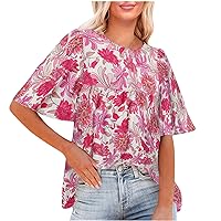 Summer Tops for Women, Womens Short Sleeve Floral Print V Neck Fashion Pullover T Shirt Loose Fit Dressy Casual Tee Blouse