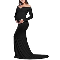 JustVH Maternity Elegant Fitted Maternity Gown Long Sleeve Cross-Front V Neck Slim Fit Maxi Photography Dress for Photoshoot