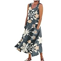 Linen Dress for Women 2024 Summer Flowy Sleeveless Maxi Dress Casual Tank Dress Printed Long Dresses with Pockets