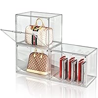 Clear Handbag Storage Organizer, 3 Packs Purse Storage for Closet, Acrylic Display Case for Purse/Handbag, Stackable Purse Storage Boxes with Magnetic Door for Wallet, Hats, Toys, X-Larger