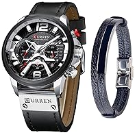CURREN Watches Men's Quartz Leather Chronograph Watch and Fashion Bracelet Set Analogue Watches for Men Luxury Watch Gifts for Dad Friend, Chronograph