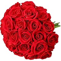 Hoteam Velvet Flowers with Long Stem 4 Inch Large Artificial Roses Bulk Realistic Fake Real Touch Flowers Mother's Day Fake Roses Bouquet for Home Garden Wedding Party Decor(Red, 30 Pcs)