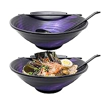 Kimi Cuisine Ramen Bowl Set of 2, Galaxy Design, 8pcs Total with Chopsticks, Black Melamine Bowls with Soup Ladle Spoons, Saucer Cups and Large 37 oz