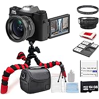 Acuvar 4K 48MP Digital Camera Kit for Photography, Vlogging Camera for YouTube with Flip Screen, WiFi, Wide Angle & Macro Lens, 64GB Micro SD Card, 12