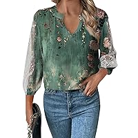 3/4 Length Sleeve Womens Tops Casual Loose Fit V-Neck T Shirts Cute Print Lace Summer Workout Shirts for Women