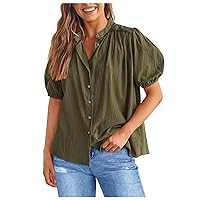 Summer Button Down Dressy Shirts Women Puff Short Sleeve V Neck Casual Loose Blouses 2024 Fashion Lace Trim Tee Tops