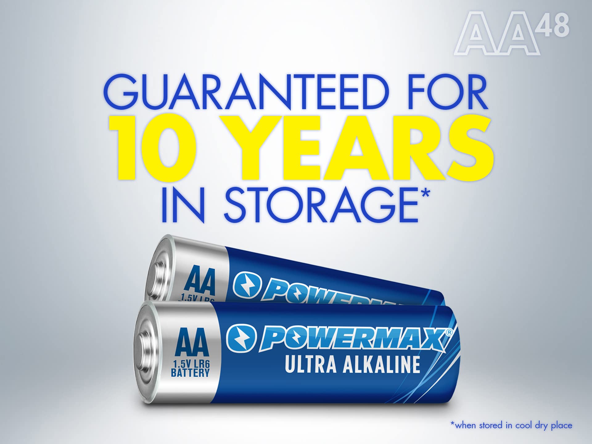 Powermax 48-Count AA Batteries, Ultra Long Lasting Alkaline Battery, 10-Year Shelf Life, Reclosable Packaging