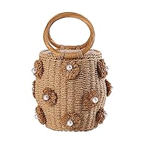 Pearl Flower Straw Woven Tote Bag Summer Beach Rattan Handle Bucket Bag Straw Purses and Handbags for Women