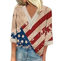 4th of July Outfits for Women American Flag Loose Casual 3/4 Length Sleeve V-Neck Lace Tops 4th of July Shirts Women