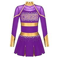 YiZYiF Kids Girls Cheer Leader Costume Carnival Halloween Cheerleading Uniform Long Sleeve Dress Dance Gymnastic Pom Pom