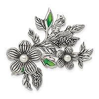 24.6mm 925 Sterling Silver Freshwater Cultured Pearl Green Enamel Marcasite Floral Pin Brooch Jewelry Gifts for Women