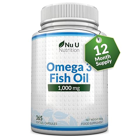 Omega 3 Fish Oil 1000mg - 365 Softgel Capsules - Up to 12 Month’s Supply - Pure Fish Oil with Balanced EPA & DHA - Contaminant Free Omega 3 - Made in The UK by Nu U Nutrition…