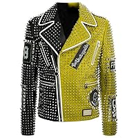 Mens Brando Studded Spikes Punk Rock Motorcycle Multicolor Cowhide Leather Biker Jacket