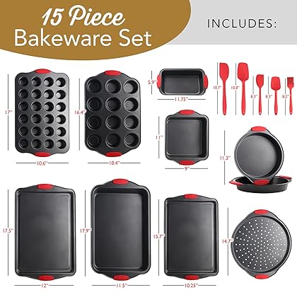 Baking Pan Set, 15 Piece Premium Baking Set, Nonstick Bakeware Sets BPA Free, Cookie Sheets for Baking Nonstick Set, Steel Baking Sheets for Oven with Muffin Pan, Cake Pan & Kitchen Utensils - Black