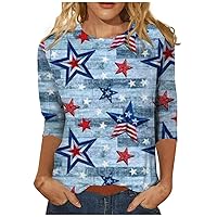Independence Day Shirts for Women, Red White and Blue Casual 3/4 Sleeve Graphic Tees, 4th of July Ladies Patriotic Top