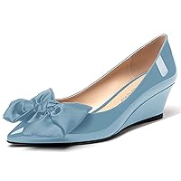 WAYDERNS Women's Patent Pointed Toe Slip On Bow Decoration Wedge Low Heel Pumps Shoes 2 Inch