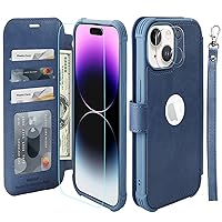 VANAVAGY Compatible for iPhone 15 Wallet Case,RFID Flip Leather Cover with Wrist Supports Wireless Charging with Card Holder,[Glass Screen Protector & Camera Cover],Blue