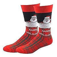 Pair of Men's Christmas Happy Holidays Santa Plaid Pattern Novelty Crew Socks - Red/Black/Green