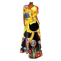 Women's Bohemian Print Flowy Beach Short Sleeve Long Floor Maxi Round Neck Trendy Dress Swing Casual Summer
