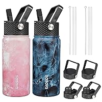 BJPKPK 2 Pack Insulated Water Bottles with Straw Lids, 18oz Stainless Steel Metal Water Bottle with 6 Lids, Leak Proof BPA Free Thermos, Cups, Flasks for Travel, Sports (Blossom+Ocean)