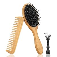 Bamboo Paddle Hair Brush, 3PCS Bamboo Hair Brush Set, Natural Boar Bristle Hair Brush, Bamboo Comb Detangling Hairbrush, Wooden Comb for Women Men, and Kids Massage Scalp Thick/Thin/Curly/Dry Hair
