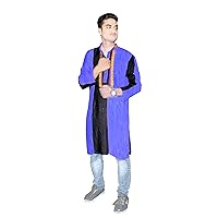 Indian Men's Shirt Patchwork Wedding Wear Tunic Loose Fit Kurta Blue Color Plus Size