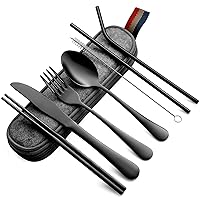DEVICO Portable Utensils, Travel Camping Cutlery Set, 8-Piece including Knife Fork Spoon Chopsticks Cleaning Brush Straws Portable Case, Stainless Steel Flatware set (Black)