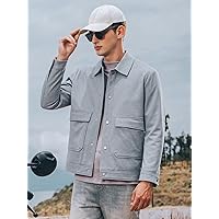 Jackets for Men - Men Flap Pocket Button Up Jacket (Color : Light Grey, Size : X-Large)