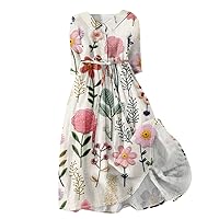 Women's Dresses 2024 Fashion Vintage Floral Print Lapel Button Three Quarter Sleeves Strappy Dress, S-3XL