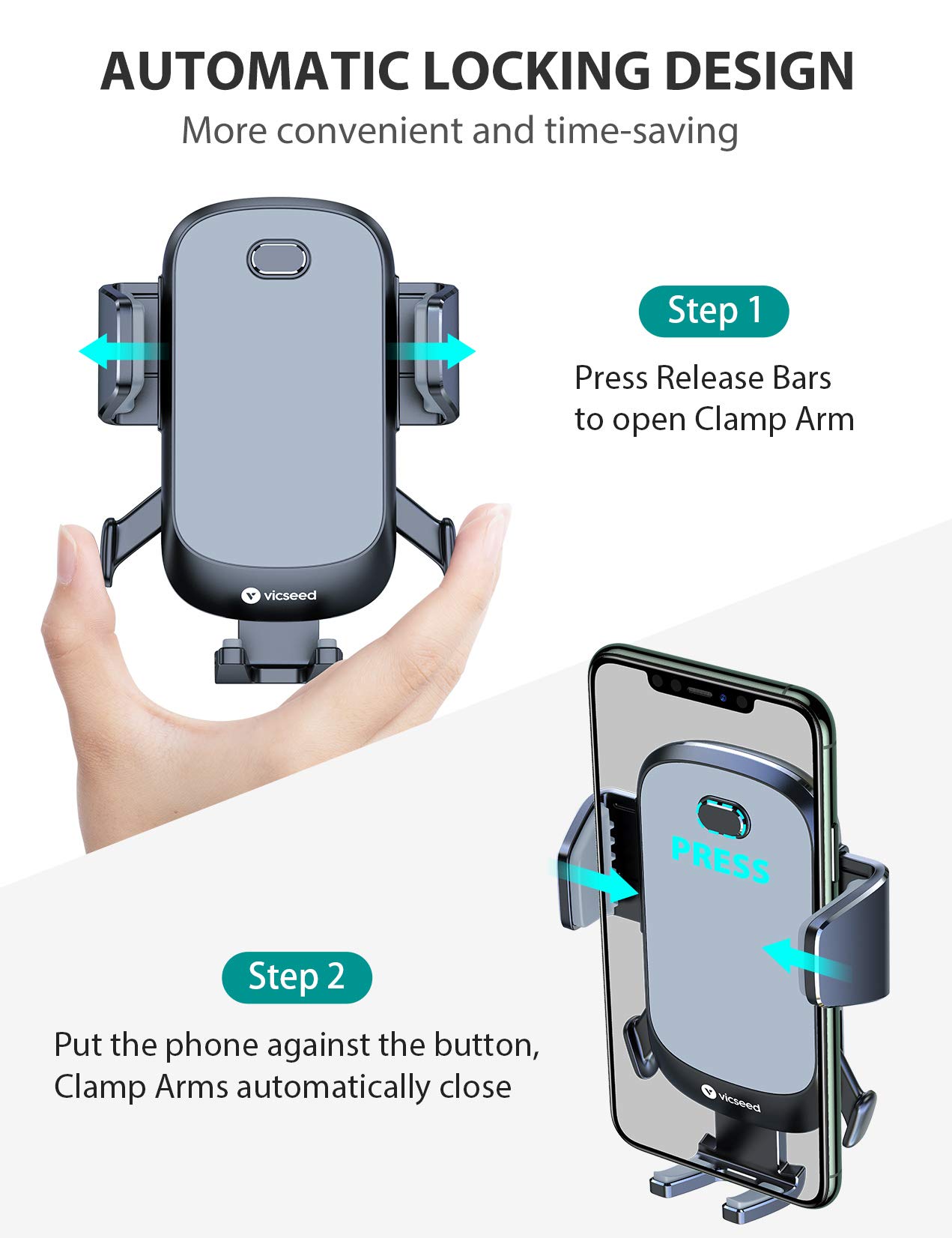 2022 Upgraded Auto Clamp Cell Phone Holder for Car, VICSEED Car Phone Holder Mount Ultra Stable Car Phone Mount Strong Grip Air Vent Phone Car Holder Case Friendly Fit for iPhone 12 and All Smartphone