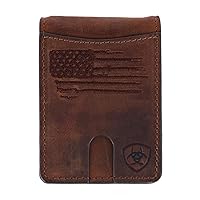 Men's Wallet, Brown Genuine Leather, Money Clip Style, Distressed USA Flag, Shield Logo, Card Slots, ID Window
