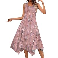 Maxi Dress for Women Flowy Floral Print Beach Dress Hankerchief Hem Sleeveless Sundress Crewneck Tank Dresses