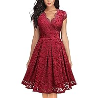 Women's Lace Dress,Waisted V Neck Dresses Knee Length Party Dress,Slim Bridesmaid Cocktail Wedding Dress-Red Xx-Large