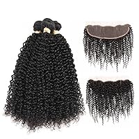Queen Plus Brazilian Kinky Curly Bundles with Frontal Ear to Ear Frontal Lace Closure with 3 Bundles 7a Curly Virgin Human Hair Weave (18