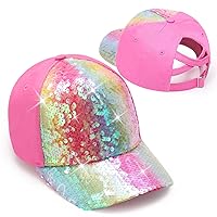 Girls Glitter Baseball Cap Criss Cross Ponytail Hat Adjustable High Messy Bun Ponycap Kids Trucker Hat for 4-12 Years