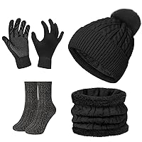 4-Pieces Womens Winter Hats Scarf Gloves and Socks Set Knitted Beanie Hat Infinity Scarves Touch Screen Gloves Wool Socks Gifts A-Black
