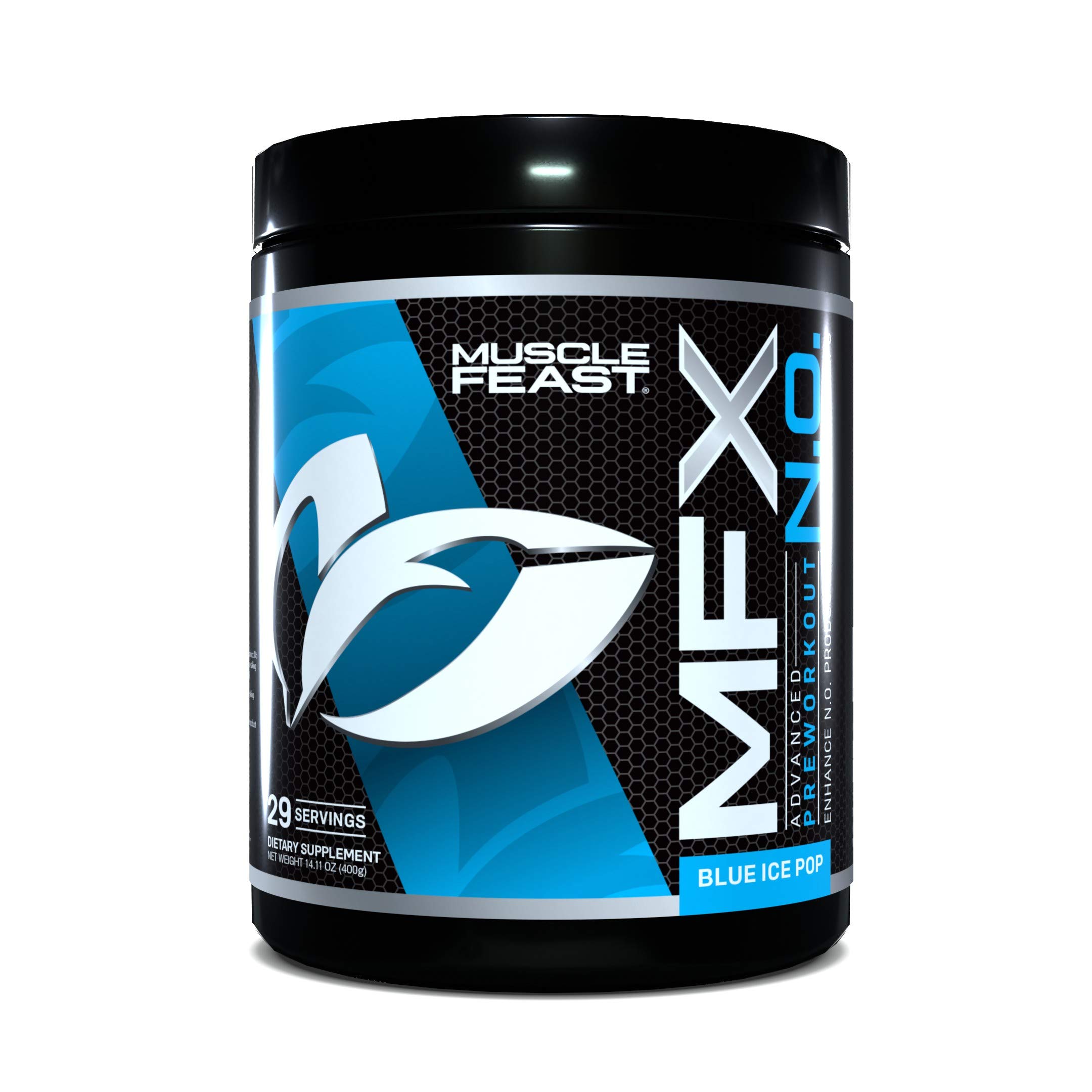 MUSCLE FEAST MFX N.O., Intense Preworkout Powder, Nitric Oxide Booster, Stimulant Free, 29 Servings, 400 Gram Container (Blue Ice Pop)