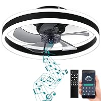 DewShrimp Flush Mount Ceiling Fan with Lights Bladeless Ceiling Fan with Bluetooth Speaker App and Remote Control Quiet Low Profile Ceiling Fan LED Stepless Dimming 3 Colors 6 Speeds Reversible 19.7in