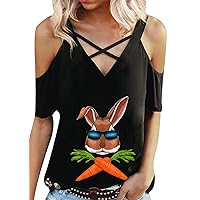 EFOFEI Women's Egg Print Off Shoulder T-Shirts Short Sleeve Bunny Rabbit Shirts Happy Easter Day Print Tunic Tops