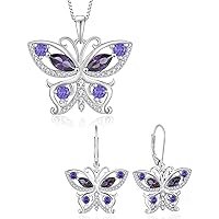 Butterfly Jewelry Set-925 Sterling Silver Pendant Necklace Butterfly Dangle Earrings with Birthstone Created Amethyst