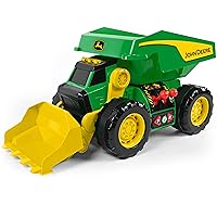 John Deere 18’’ 2-N-1 Dig Rig Toy Dump Truck and Front Loader with Lights, Sound and Motor with Dual Joystick Controllers, Extra Large Construction Truck, Sturdy Plastic, Birthday Gift, 3+