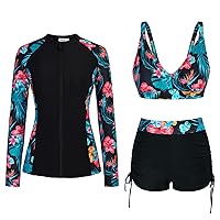 JASAMBAC Women 3 Piece Rash Guard Long Sleeve Zip Up Swimsuits with Boyshort UV UPF 50+ Swim Shirt Built in Bra